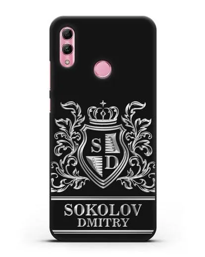 Именной чехол с гербом, инициалами и фамилией с серебряным рисунком силиконовый для Honor 10 Lite