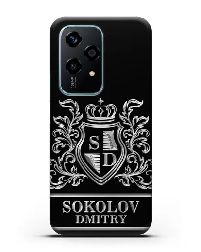 Именной чехол с гербом, инициалами и фамилией с серебряным рисунком силиконовый для Honor 200 Lite