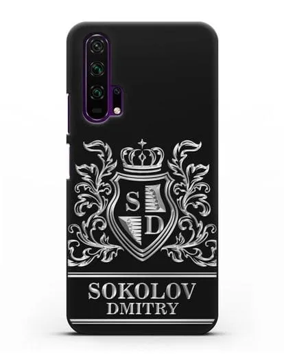 Именной чехол с гербом, инициалами и фамилией с серебряным рисунком силиконовый для Honor 20 Pro