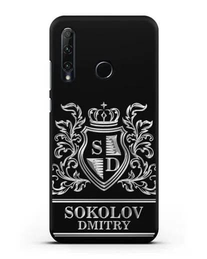Именной чехол с гербом, инициалами и фамилией с серебряным рисунком силиконовый для Honor 20e