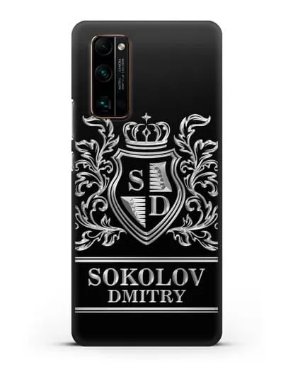 Именной чехол с гербом, инициалами и фамилией с серебряным рисунком силиконовый для Honor 30 Pro Plus