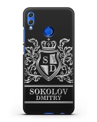 Именной чехол с гербом, инициалами и фамилией с серебряным рисунком силиконовый для Honor 8X