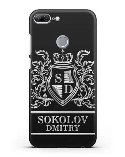 Именной чехол с гербом, инициалами и фамилией с серебряным рисунком силиконовый для Honor 9 Lite