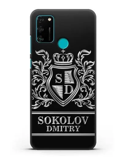 Именной чехол с гербом, инициалами и фамилией с серебряным рисунком силиконовый для Honor 9A