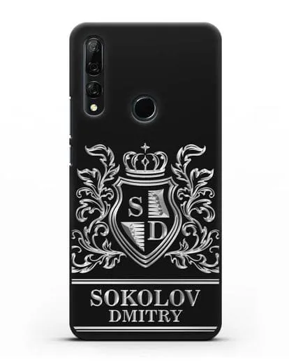 Именной чехол с гербом, инициалами и фамилией с серебряным рисунком силиконовый для Honor 9X