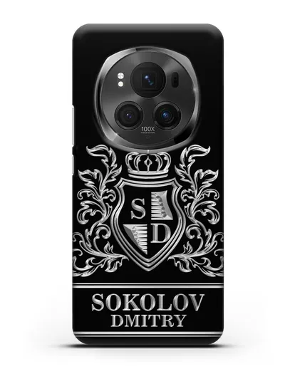 Именной чехол с гербом, инициалами и фамилией с серебряным рисунком силиконовый для Honor Magic 6 Pro