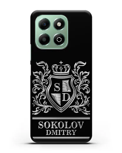 Именной чехол с гербом, инициалами и фамилией с серебряным рисунком силиконовый для Honor X6b