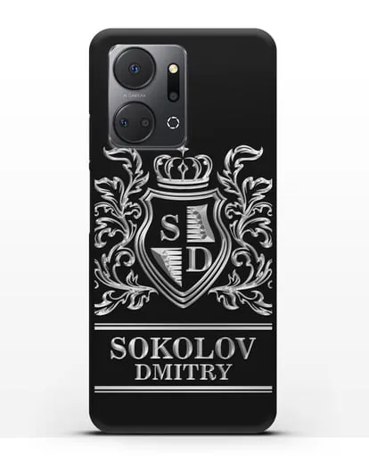 Именной чехол с гербом, инициалами и фамилией с серебряным рисунком силиконовый для Honor X7a