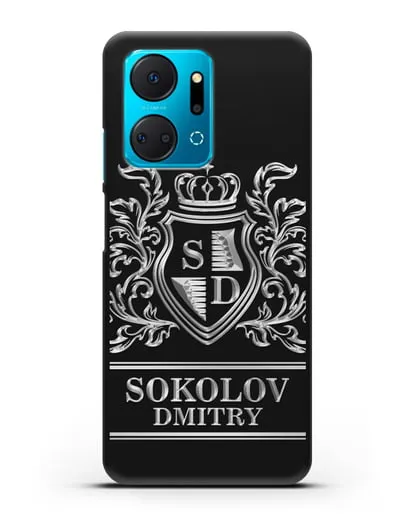 Именной чехол с гербом, инициалами и фамилией с серебряным рисунком силиконовый для Honor X7a Plus