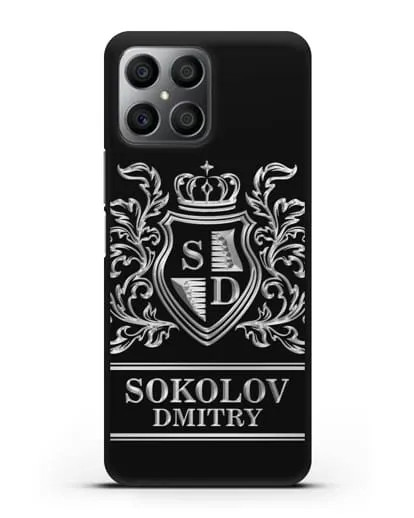 Именной чехол с гербом, инициалами и фамилией с серебряным рисунком силиконовый для Honor X8