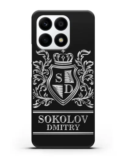 Именной чехол с гербом, инициалами и фамилией с серебряным рисунком силиконовый для Honor X8a