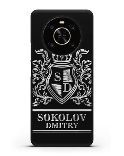 Именной чехол с гербом, инициалами и фамилией с серебряным рисунком силиконовый для Honor X9