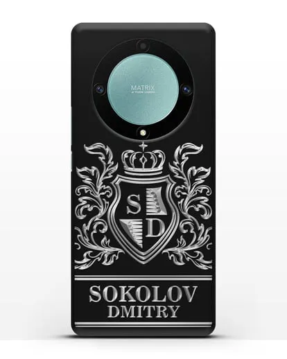 Именной чехол с гербом, инициалами и фамилией с серебряным рисунком силиконовый для Honor X9a