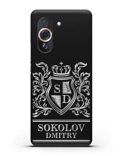 Именной чехол с гербом, инициалами и фамилией с серебряным рисунком силиконовый для Huawei Nova 10