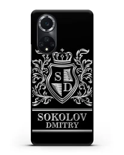 Именной чехол с гербом, инициалами и фамилией с серебряным рисунком силиконовый для Huawei Nova 9