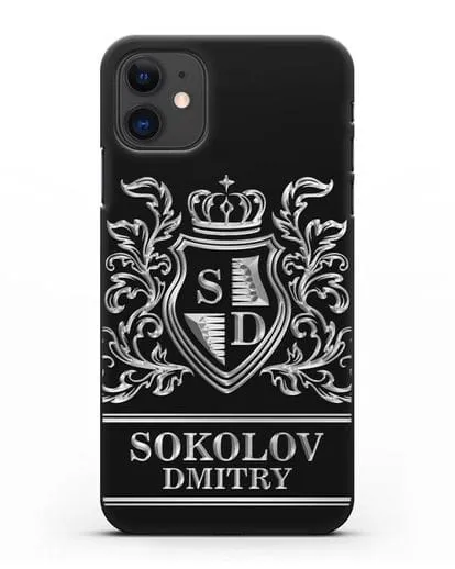 Именной чехол с гербом, инициалами и фамилией с серебряным рисунком силиконовый для iPhone 11
