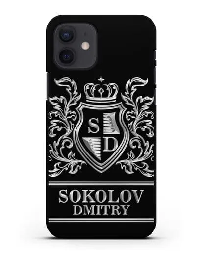 Именной чехол с гербом, инициалами и фамилией с серебряным рисунком силиконовый для iPhone 12