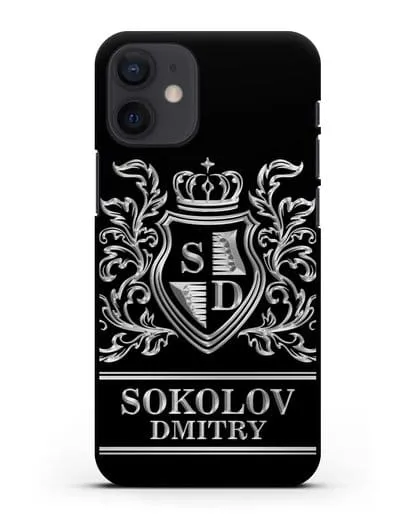 Именной чехол с гербом, инициалами и фамилией с серебряным рисунком силиконовый для iPhone 12 mini