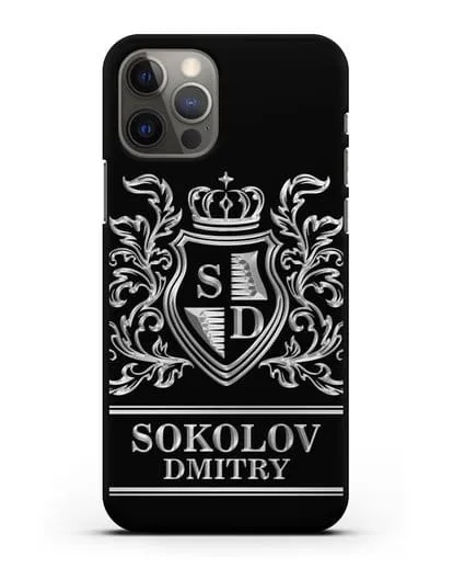 Именной чехол с гербом, инициалами и фамилией с серебряным рисунком силиконовый для iPhone 12 Pro