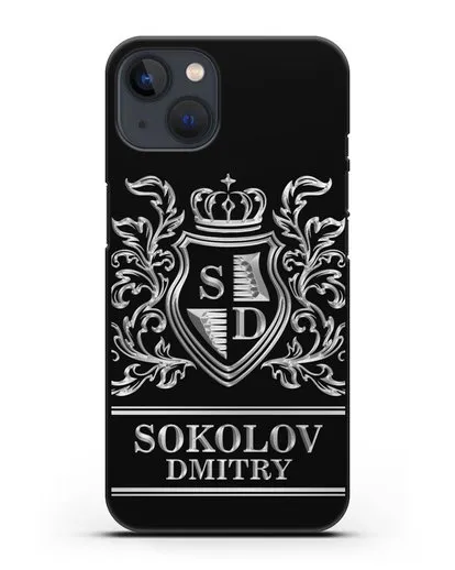 Именной чехол с гербом, инициалами и фамилией с серебряным рисунком силиконовый для iPhone 13 Mini