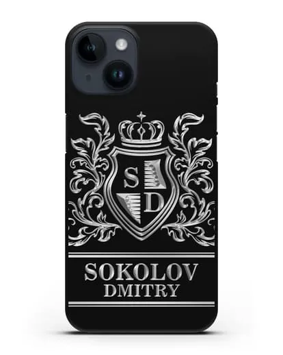 Именной чехол с гербом, инициалами и фамилией с серебряным рисунком силиконовый для iPhone 14