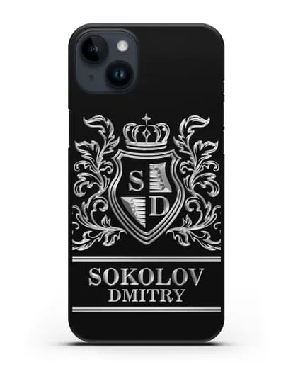 Именной чехол с гербом, инициалами и фамилией с серебряным рисунком силиконовый для iPhone 14 Plus