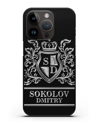 Именной чехол с гербом, инициалами и фамилией с серебряным рисунком силиконовый для iPhone 14 Pro