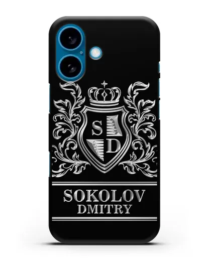 Именной чехол с гербом, инициалами и фамилией с серебряным рисунком силиконовый для iPhone 16