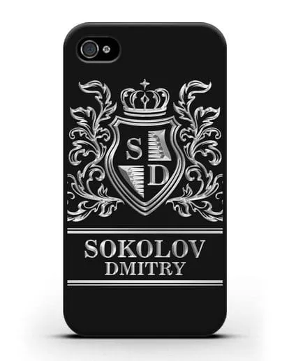 Именной чехол с гербом, инициалами и фамилией с серебряным рисунком силиконовый для iPhone 4/4s