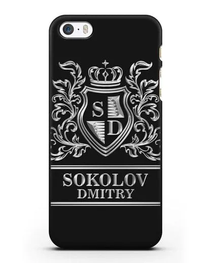 Именной чехол с гербом, инициалами и фамилией с серебряным рисунком силиконовый для iPhone 5/5s/SE
