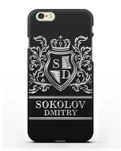 Именной чехол с гербом, инициалами и фамилией с серебряным рисунком силиконовый для iPhone 6s