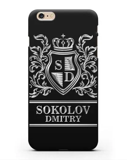 Именной чехол с гербом, инициалами и фамилией с серебряным рисунком силиконовый для iPhone 6s Plus