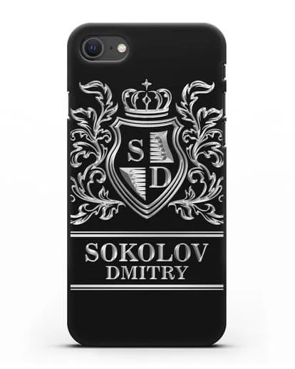 Именной чехол с гербом, инициалами и фамилией с серебряным рисунком силиконовый для iPhone SE 2020