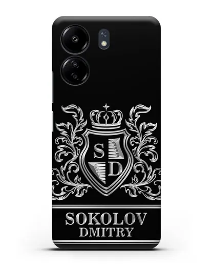Именной чехол с гербом, инициалами и фамилией с серебряным рисунком силиконовый для Xiaomi Poco C65