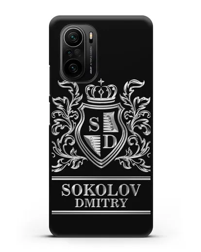Именной чехол с гербом, инициалами и фамилией с серебряным рисунком силиконовый для Xiaomi Poco F3 Pro