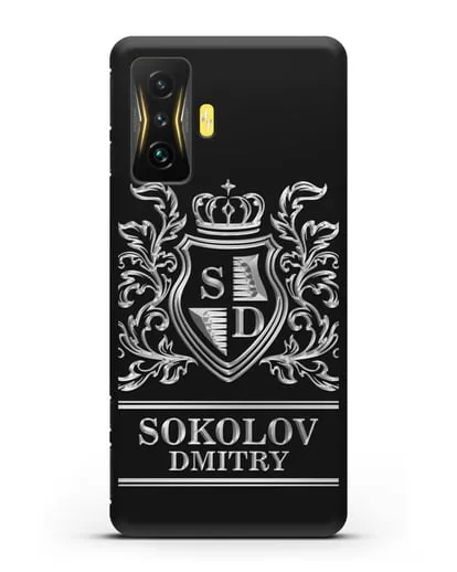 Именной чехол с гербом, инициалами и фамилией с серебряным рисунком силиконовый для Xiaomi Poco F4 GT