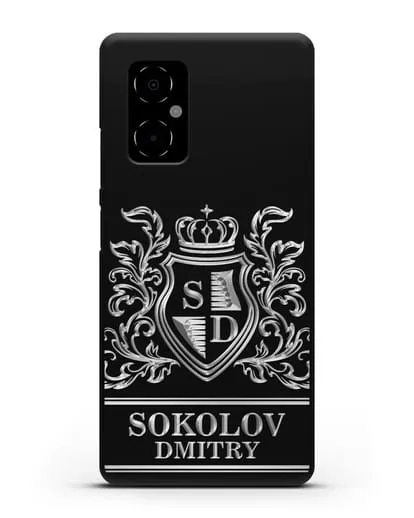 Именной чехол с гербом, инициалами и фамилией с серебряным рисунком силиконовый для Xiaomi Poco M4 5G