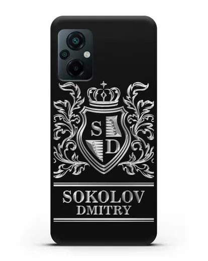 Именной чехол с гербом, инициалами и фамилией с серебряным рисунком силиконовый для Xiaomi Poco M5