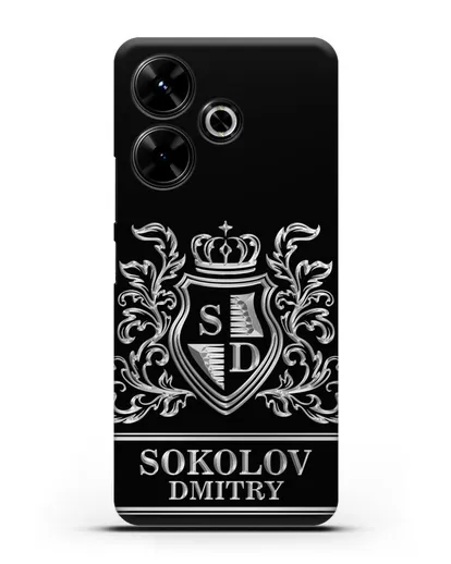 Именной чехол с гербом, инициалами и фамилией с серебряным рисунком силиконовый для Xiaomi Poco M6