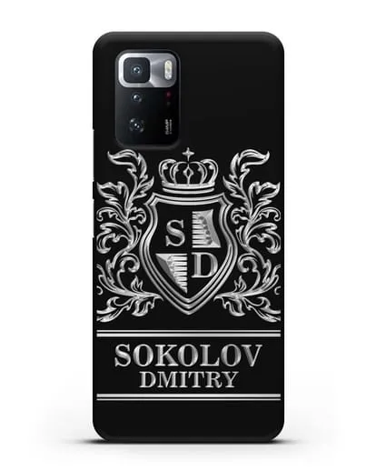 Именной чехол с гербом, инициалами и фамилией с серебряным рисунком силиконовый для Xiaomi Poco X3 GT