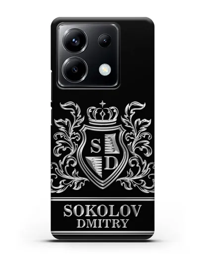 Именной чехол с гербом, инициалами и фамилией с серебряным рисунком силиконовый для Xiaomi Poco X6