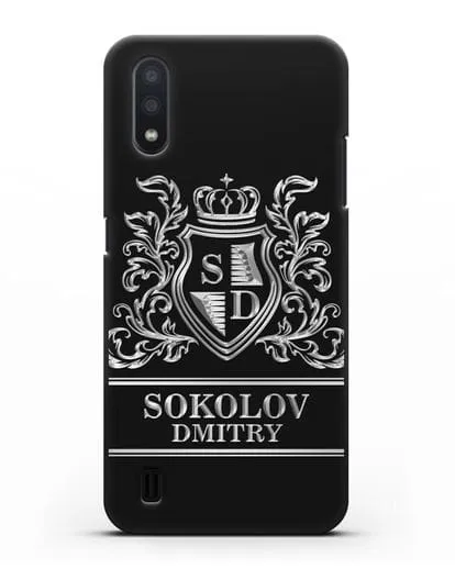 Именной чехол с гербом, инициалами и фамилией с серебряным рисунком силиконовый для Samsung Galaxy A01 [SM-A015F]