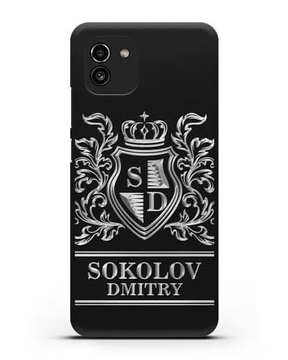 Именной чехол с гербом, инициалами и фамилией с серебряным рисунком силиконовый для Samsung Galaxy A03 [SM-A035]