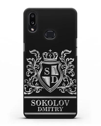 Именной чехол с гербом, инициалами и фамилией с серебряным рисунком силиконовый для Samsung Galaxy A10s [SM-F107F]