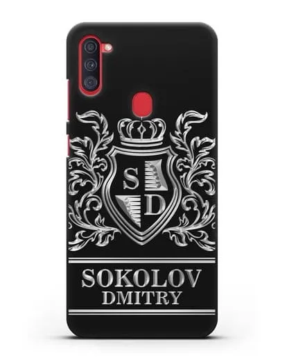 Именной чехол с гербом, инициалами и фамилией с серебряным рисунком силиконовый для Samsung Galaxy A11 [SM-A115F]