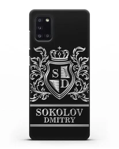 Именной чехол с гербом, инициалами и фамилией с серебряным рисунком силиконовый для Samsung Galaxy A31 [SM-A315F]