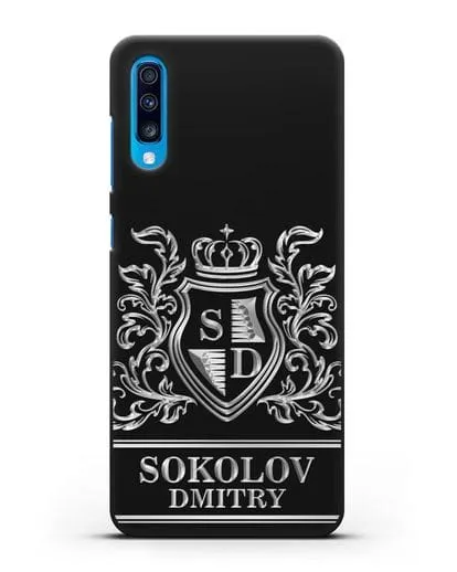 Именной чехол с гербом, инициалами и фамилией с серебряным рисунком силиконовый для Samsung Galaxy A70 [SM-A705F]
