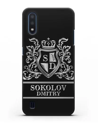 Именной чехол с гербом, инициалами и фамилией с серебряным рисунком силиконовый для Samsung Galaxy M01 [SM-M015F]