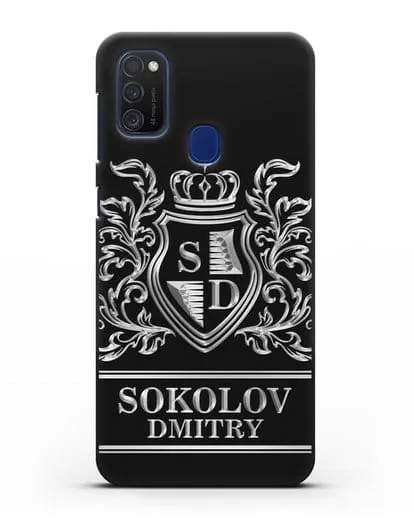 Именной чехол с гербом, инициалами и фамилией с серебряным рисунком силиконовый для Samsung Galaxy M21 [SM-M215F]
