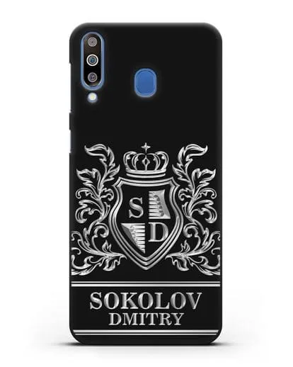 Именной чехол с гербом, инициалами и фамилией с серебряным рисунком силиконовый для Samsung Galaxy M30 [SM-M305F]